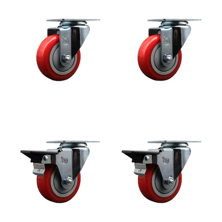 Service Caster 3.5'' Red Poly Wheel Swivel Top Plate Caster Set with 2 Posi Brakes, 4PK SCC-20S3514-PPUB-RED-2-PLB-2